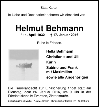 Traueranzeige von Helmut Behmann von Nordwest-Zeitung