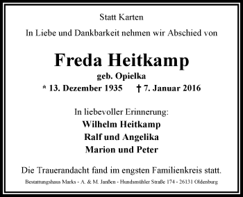 Traueranzeige von Freda Heitkamp von Nordwest-Zeitung