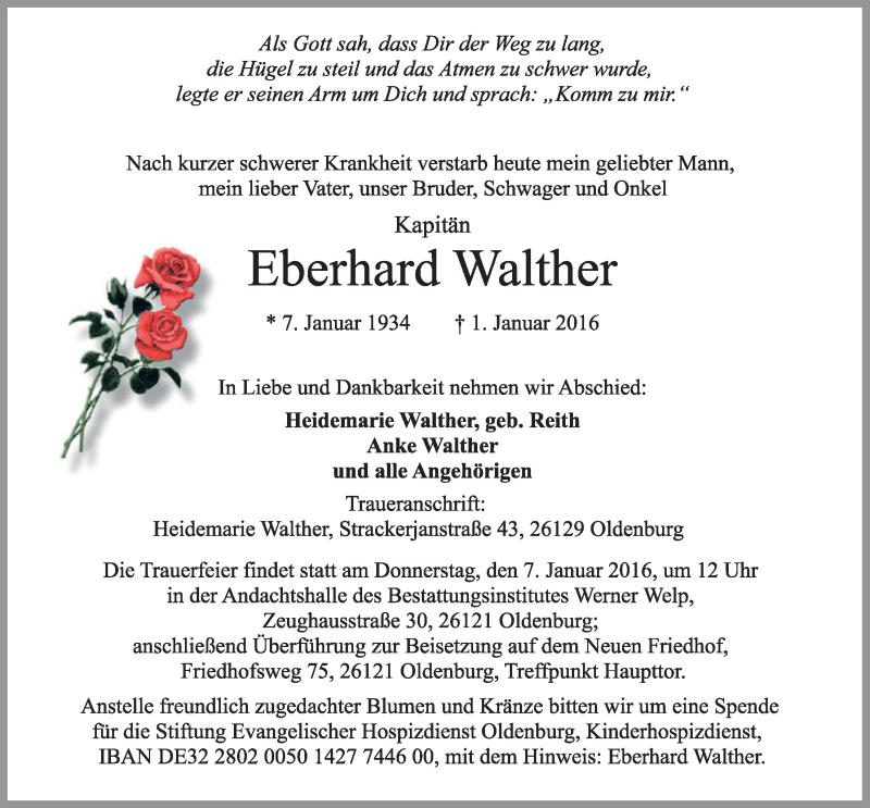  Traueranzeige für Eberhard Walther vom 04.01.2016 aus Nordwest-Zeitung