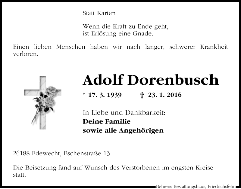  Traueranzeige für Adolf Dorenbusch vom 30.01.2016 aus Nordwest-Zeitung