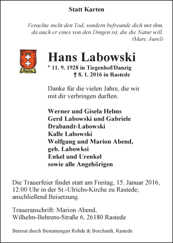 Traueranzeige von Hans Labowski von Nordwest-Zeitung