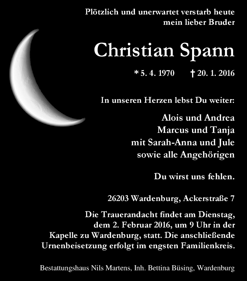  Traueranzeige für Christian Spann vom 28.01.2016 aus Nordwest-Zeitung
