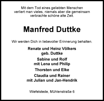 Traueranzeige von Manfred Duttke von Nordwest-Zeitung