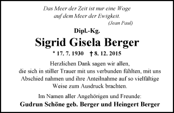 Traueranzeige von Sigrid Gisela Berger von Nordwest-Zeitung