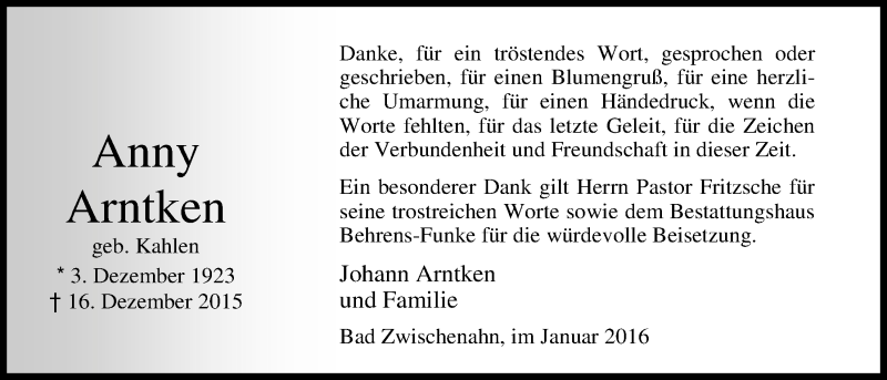  Traueranzeige für Anny Arntken vom 30.01.2016 aus Nordwest-Zeitung