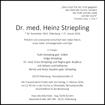 Traueranzeige von Heinz Striepling von Nordwest-Zeitung
