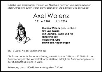 Traueranzeige von Axel Walenz von Nordwest-Zeitung