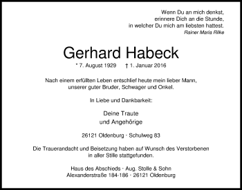 Traueranzeige von Gerhard Habeck von Nordwest-Zeitung