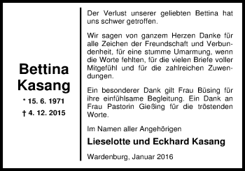 Traueranzeige von Bettina Kasang von Nordwest-Zeitung