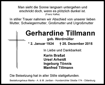 Traueranzeige von Gerhardine Tillmann von Nordwest-Zeitung