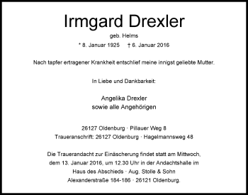 Traueranzeige von Irmgard Drexler von Nordwest-Zeitung