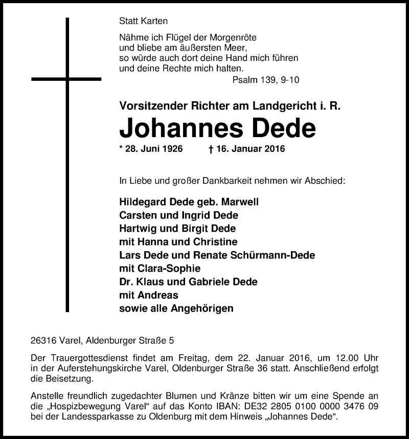  Traueranzeige für Johannes Dede vom 20.01.2016 aus Nordwest-Zeitung