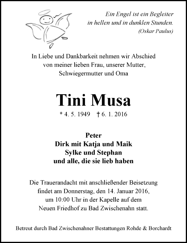  Traueranzeige für Tini Musa vom 09.01.2016 aus Nordwest-Zeitung