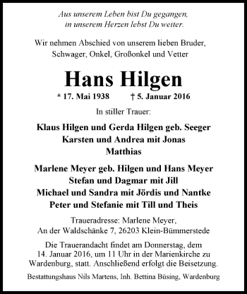 Traueranzeige von Hans Hilgen von Nordwest-Zeitung