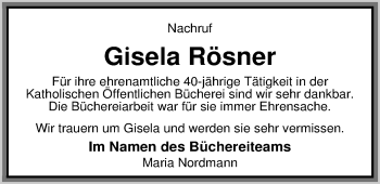 Traueranzeige von Gisela Rösner von Nordwest-Zeitung