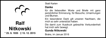 Traueranzeige von Ralf Nitkowski von Nordwest-Zeitung