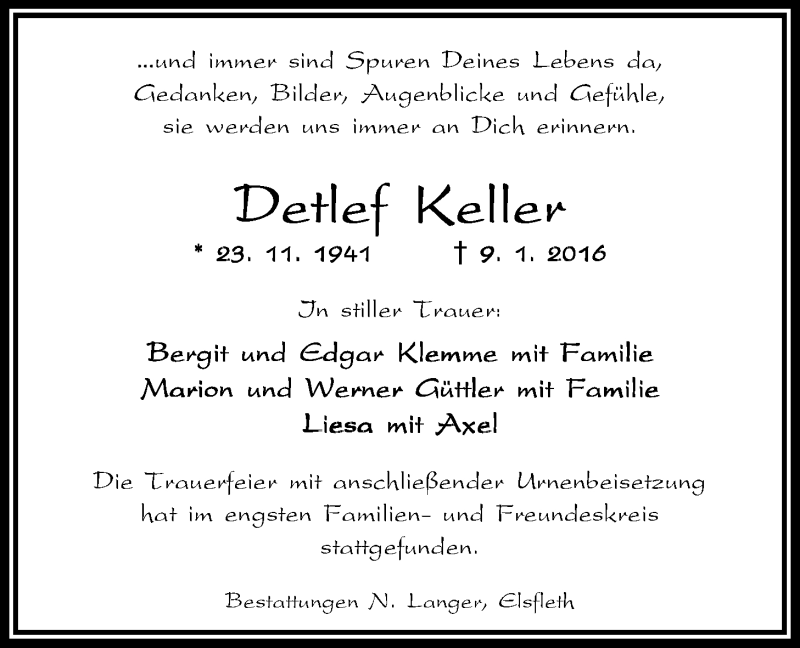  Traueranzeige für Detlef Keller vom 30.01.2016 aus Nordwest-Zeitung
