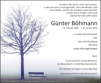 Traueranzeige von Günter Böhmann von Nordwest-Zeitung