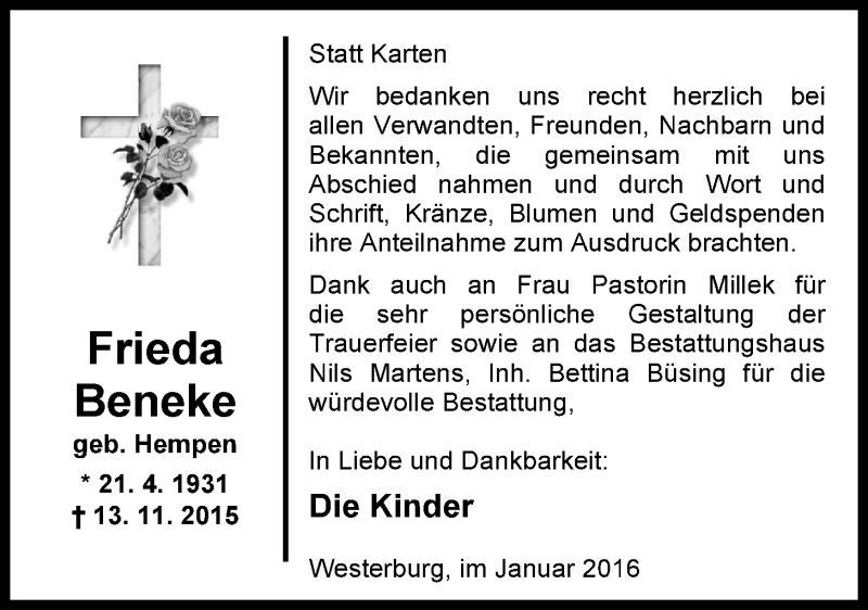  Traueranzeige für Frieda Beneke vom 09.01.2016 aus Nordwest-Zeitung