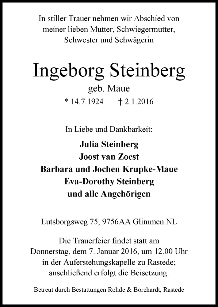  Traueranzeige für Ingeborg Steinberg vom 05.01.2016 aus Nordwest-Zeitung