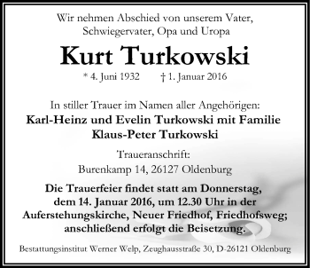 Traueranzeige von Kurt Turkowski von Nordwest-Zeitung