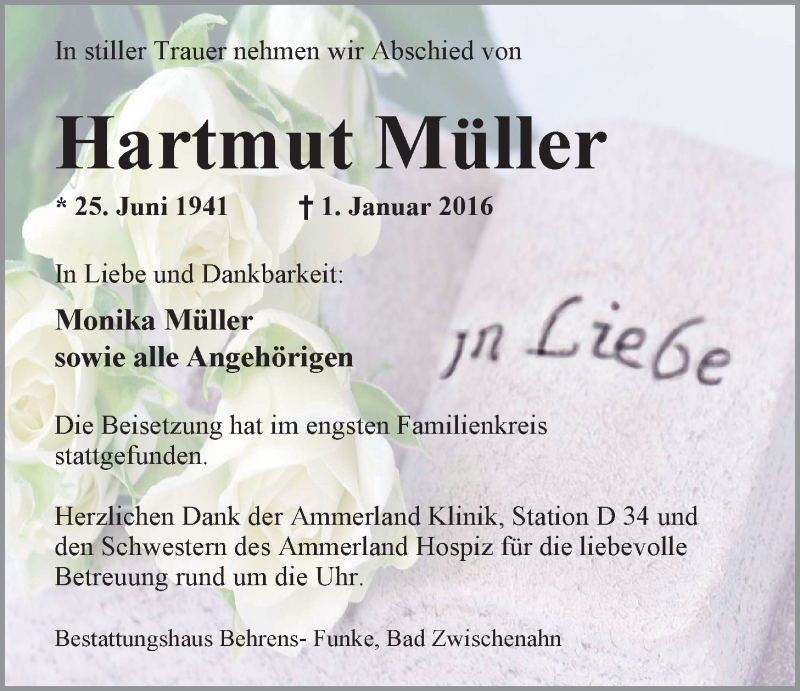  Traueranzeige für Hartmut Müller vom 09.01.2016 aus Nordwest-Zeitung