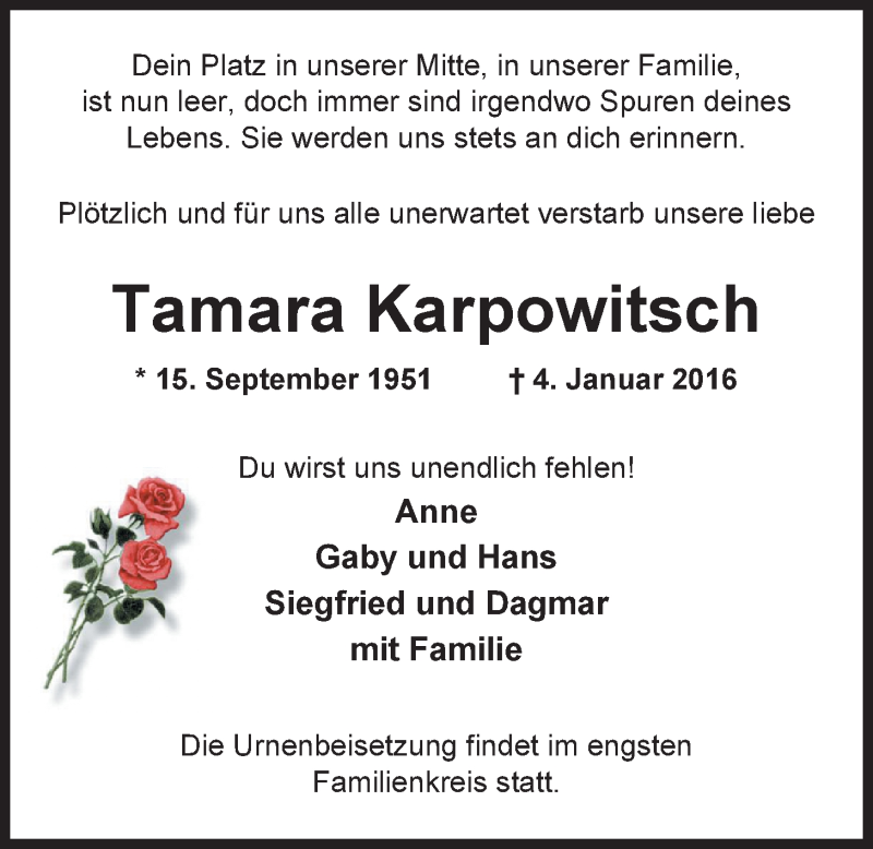  Traueranzeige für Tamara Karpowitsch vom 09.01.2016 aus Nordwest-Zeitung