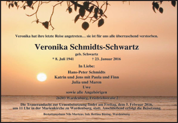 Traueranzeige von Veronika Schmidts-Schwartz von Nordwest-Zeitung
