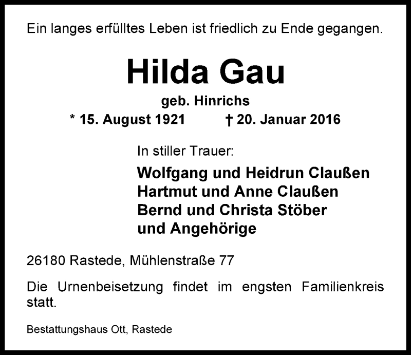  Traueranzeige für Hilda Gau vom 23.01.2016 aus Nordwest-Zeitung