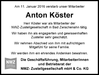 Traueranzeige von Anton Köster von Nordwest-Zeitung
