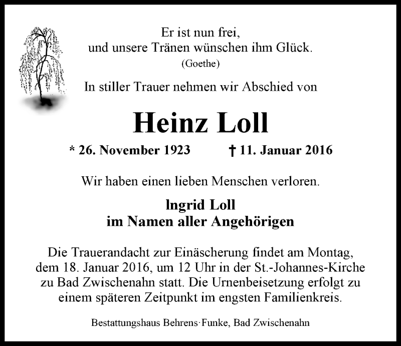  Traueranzeige für Ingrid Loll vom 13.01.2016 aus Nordwest-Zeitung