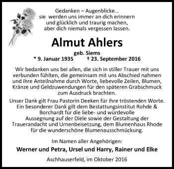 Traueranzeige von Almut Ahlers von Nordwest-Zeitung