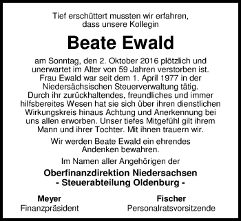 Traueranzeige von Beate Ewald von Nordwest-Zeitung