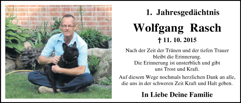  Traueranzeige für Wolfgang Rasch vom 11.10.2016 aus Nordwest-Zeitung