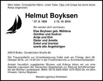 Traueranzeige von Helmut Boyksen von Nordwest-Zeitung