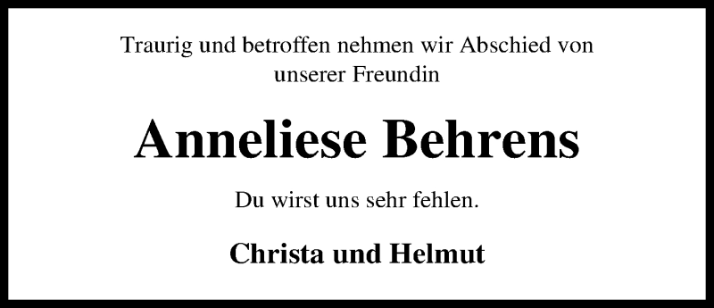  Traueranzeige für Anneliese Behrens vom 05.10.2016 aus Nordwest-Zeitung