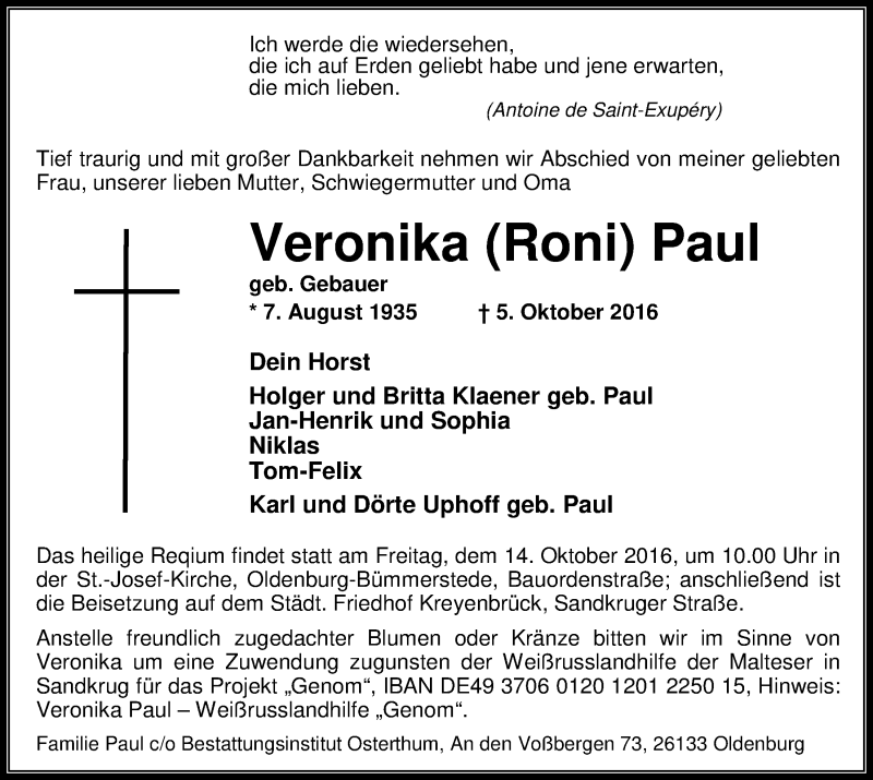  Traueranzeige für Veronika (Roni) Paul vom 10.10.2016 aus Nordwest-Zeitung