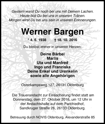 Traueranzeige von Werner Bargen von Nordwest-Zeitung