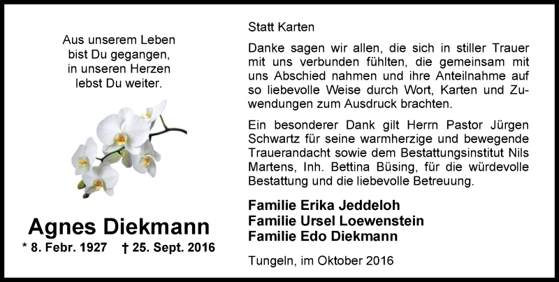  Traueranzeige für Agnes Diekmann vom 29.10.2016 aus Nordwest-Zeitung