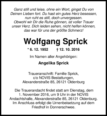 Traueranzeige von Wolfgang Sprick von Nordwest-Zeitung