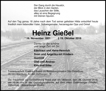 Traueranzeige von Heinz Gießel von Nordwest-Zeitung