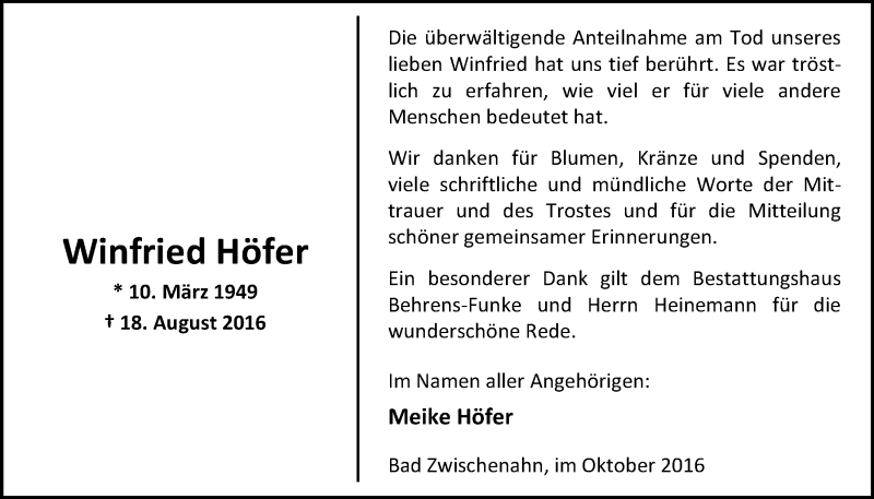  Traueranzeige für Winfried Höfer vom 15.10.2016 aus Nordwest-Zeitung