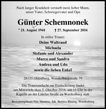 Traueranzeige von Günther Schemnonek von Nordwest-Zeitung