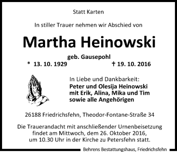 Traueranzeige von Martha Heinowski von Nordwest-Zeitung