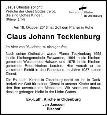 Traueranzeige von Claus Tecklenburg von Nordwest-Zeitung