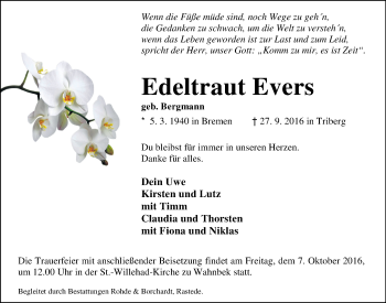 Traueranzeige von Edeltraut Evers von Nordwest-Zeitung