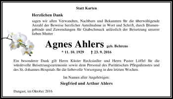 Traueranzeige von Agnes Ahlers von Nordwest-Zeitung
