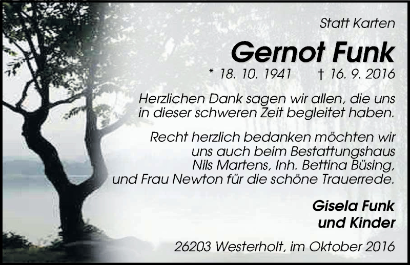  Traueranzeige für Gernot Funk vom 22.10.2016 aus Nordwest-Zeitung