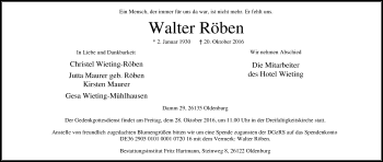 Traueranzeige von Walter Röben von Nordwest-Zeitung