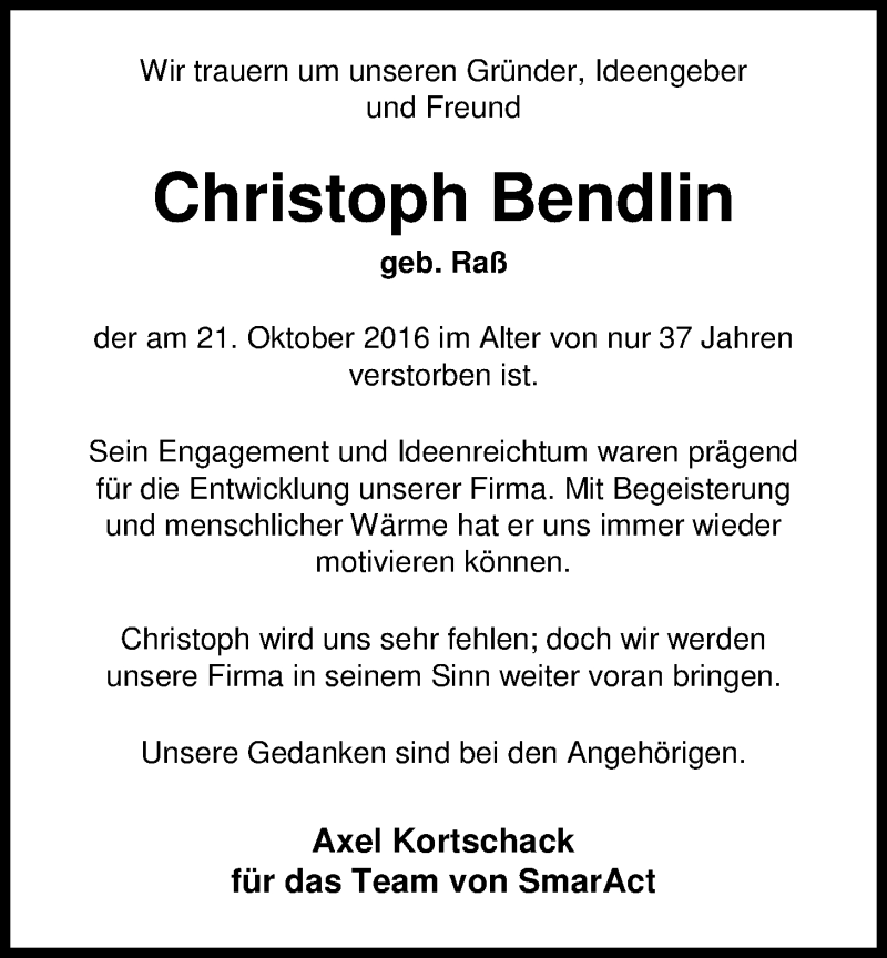  Traueranzeige für Christoph Bendlin vom 25.10.2016 aus Nordwest-Zeitung